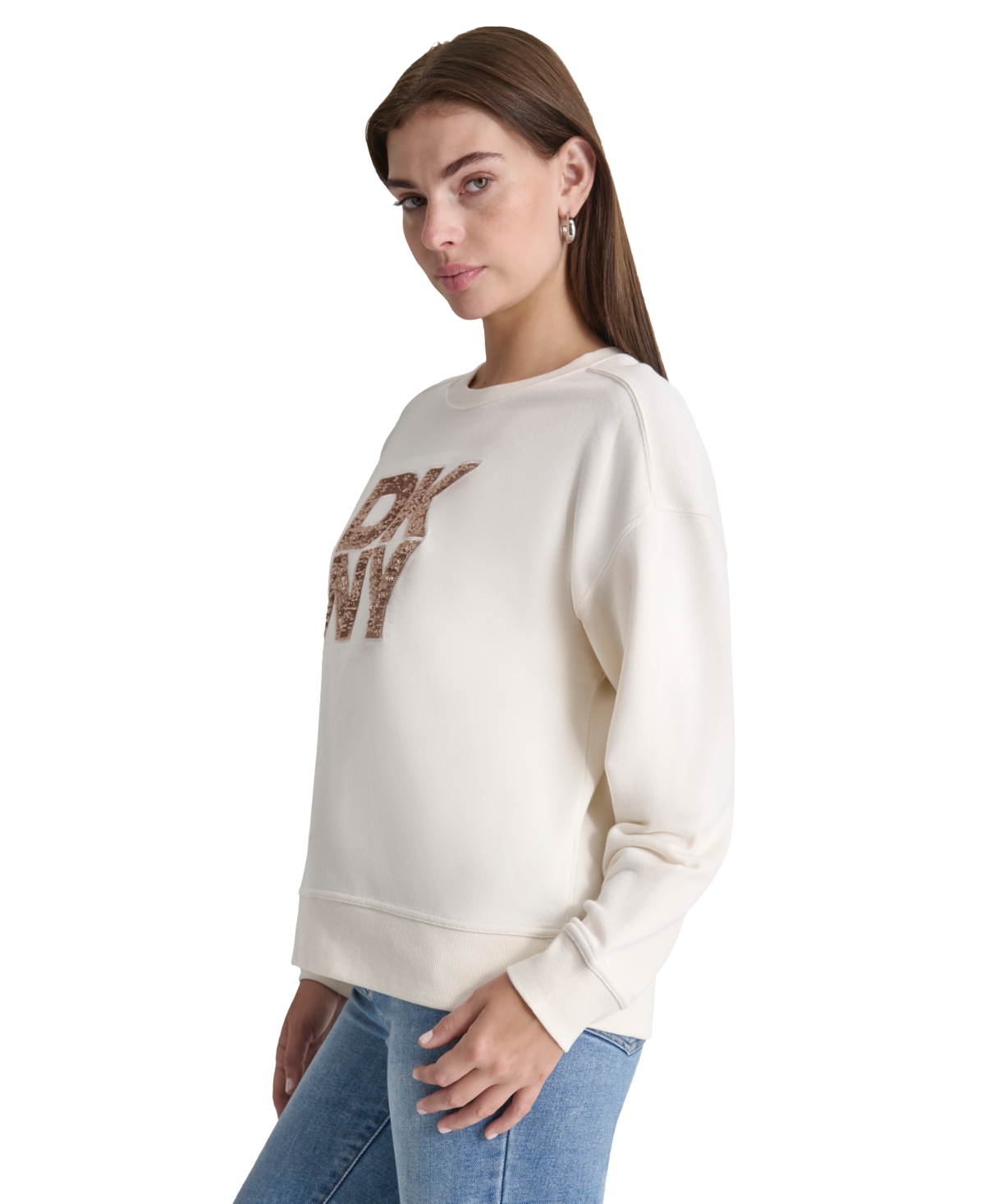 Dkny Jeans Women's Sequin Applique Satin Stitch Stack Logo Cotton Sweatshirt -light Gold