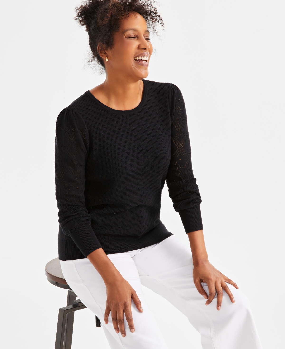 STYLE & CO PETITE SOLID POINTELLE SWEATER, EXCLUSIVELY AT MACY'S