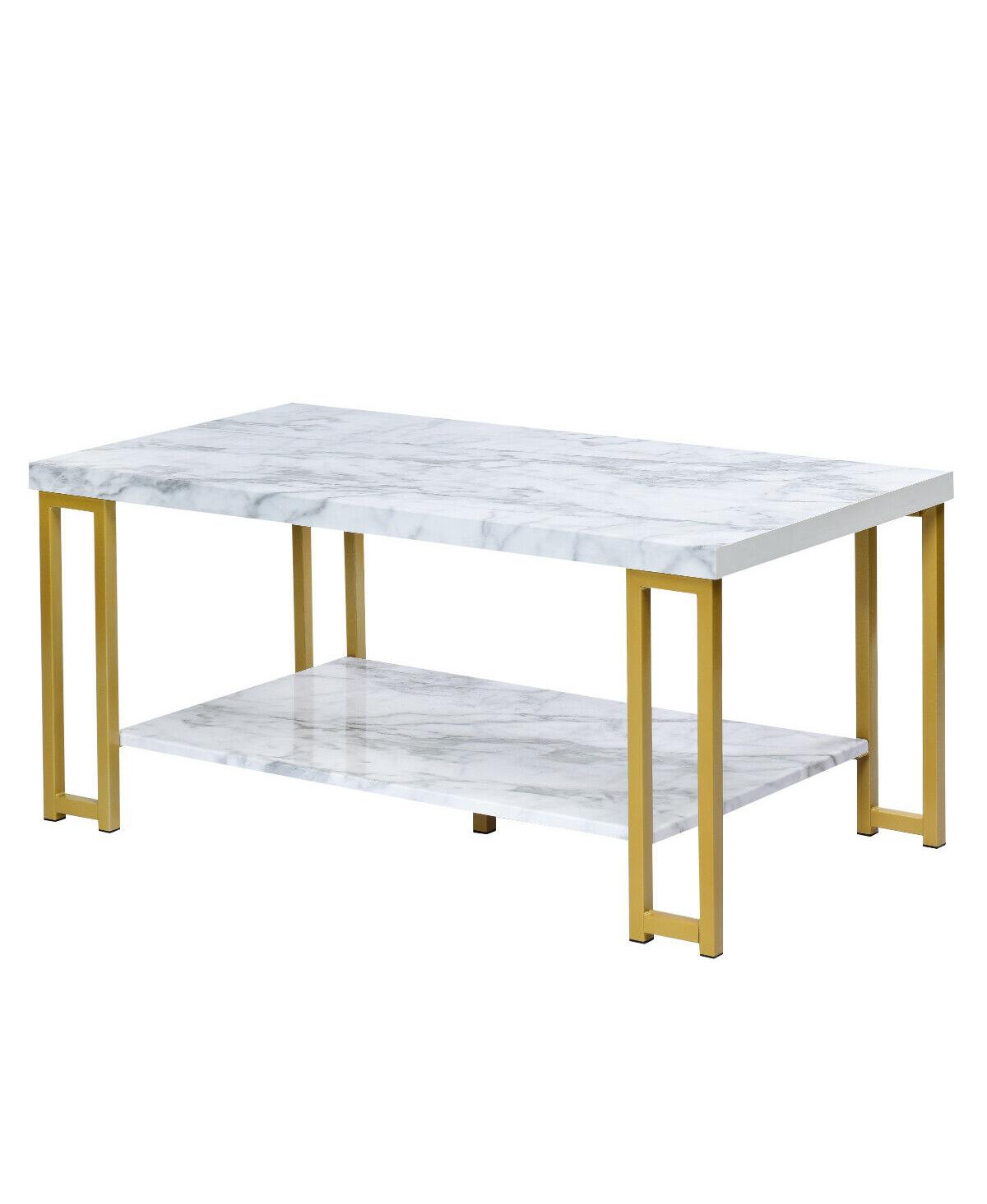 Gymax Modern Coffee Table Faux Marble Top Accent Cocktail Table w/ Gold Metal Frame - White+gold