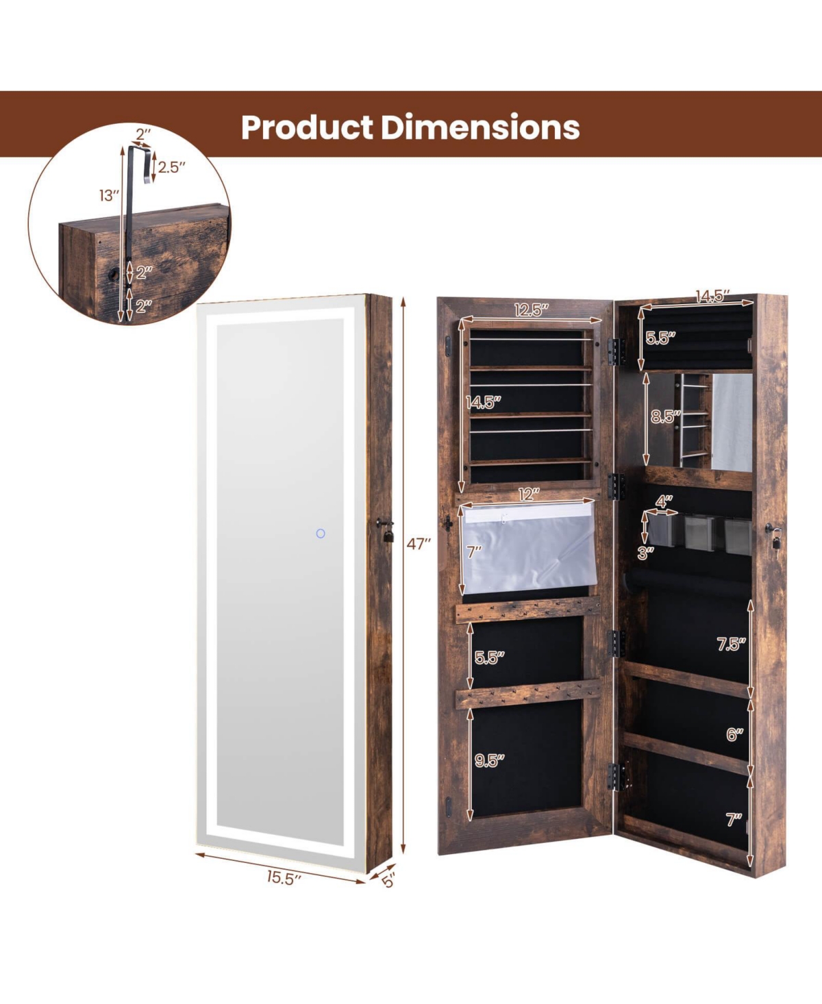 Costway Led Mirror Jewelry Cabinet Wall/Door Mounted Armoire 3 Color