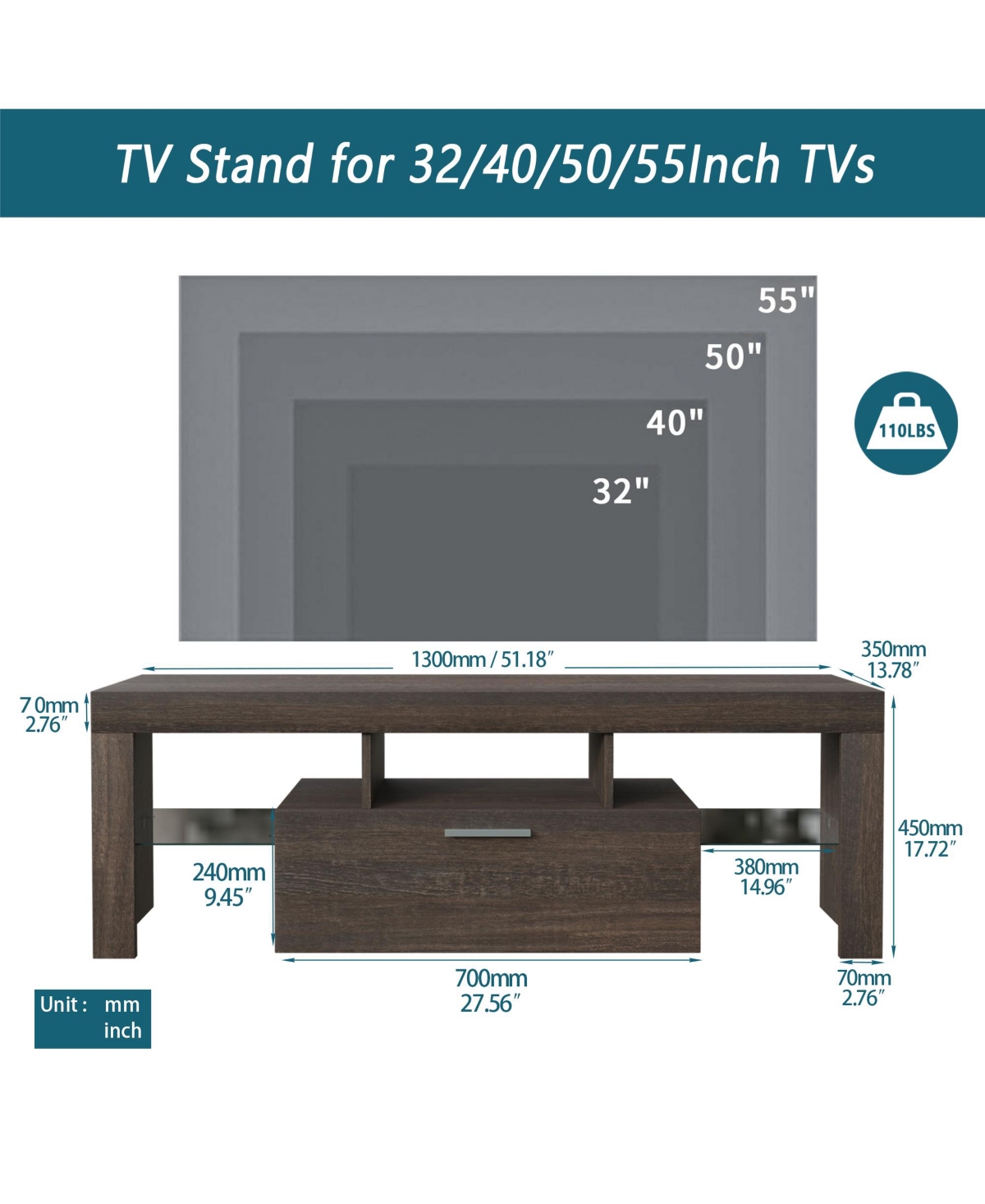 Slickblue 20-Minute Quick AssemblyModern Tv Stand with Toughened Glass Shelf, Floor Cabinet, and Led Color - Brown