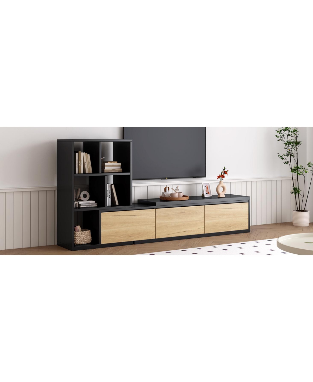 Slickblue 74.8''-126'' Extendable Tv Stand with 3-Tier Bookshelves, Adjustable Entertainment Center for TVs up to 110