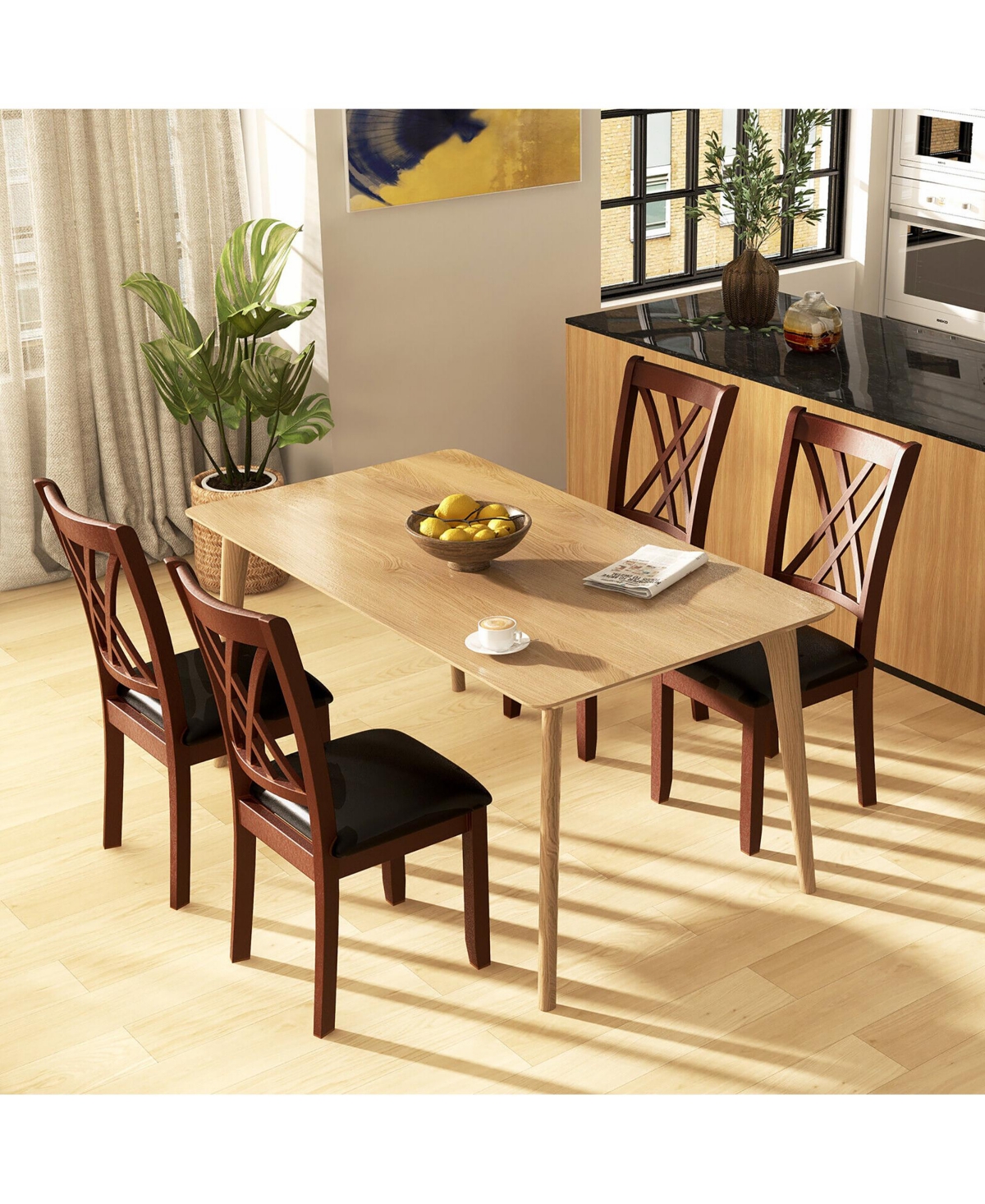 Gymax Set of 2 Dining Chair Kitchen Chair with Backrest Padded Seat & Rubber Wood Legs