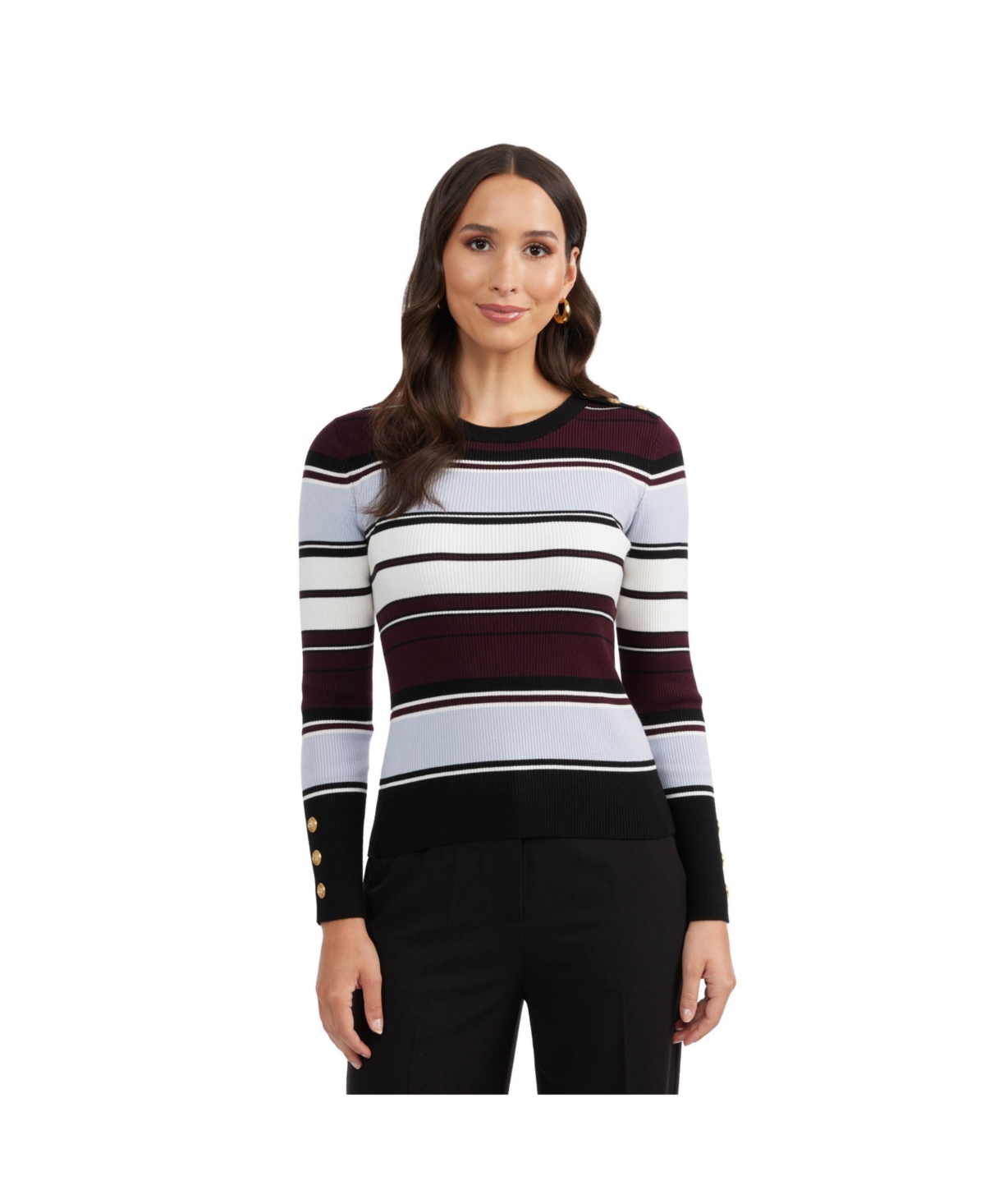 Women's Crew Neck Rib Sweater with Button Detail - Skyway multi stripe