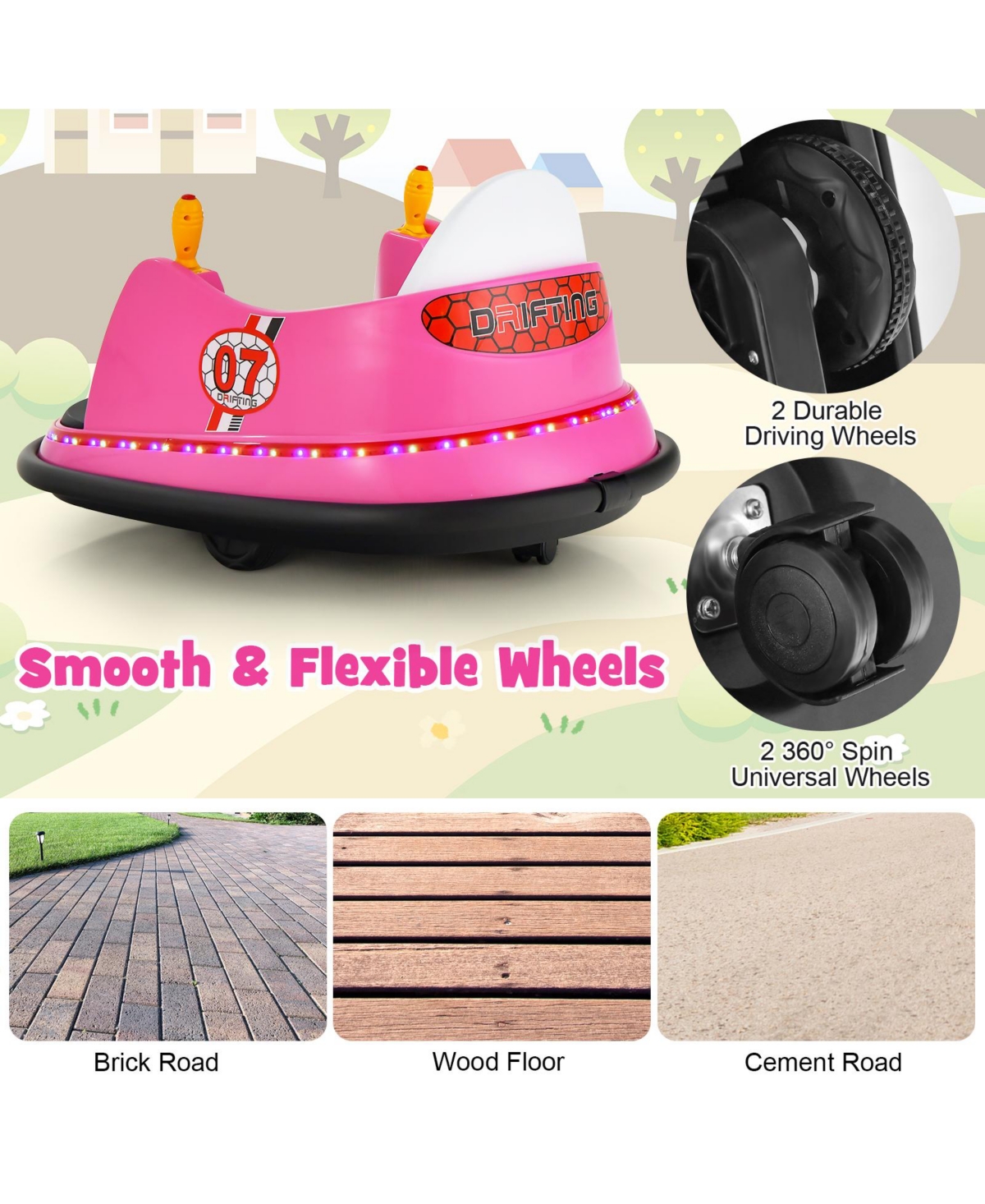 Hongge 12V Electric Kids Ride On Bumper Car with Flashing Lights for Toddlers- Pink