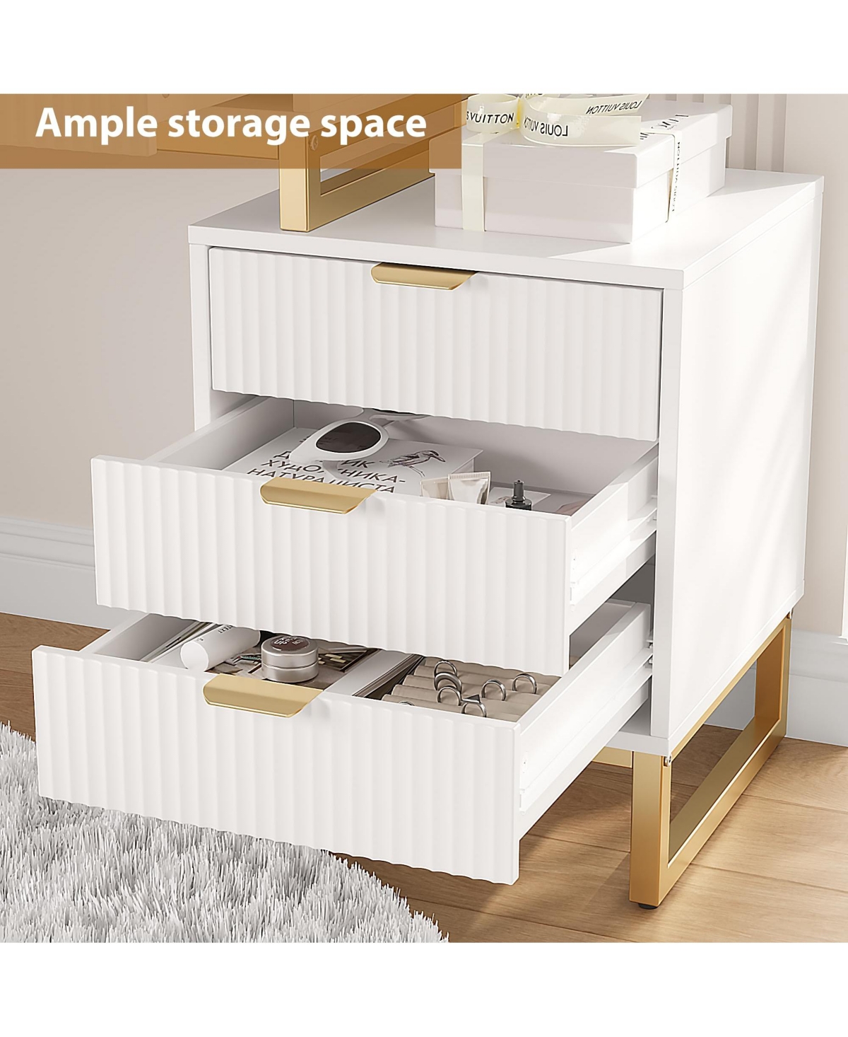 gaomon Makeup Vanity Desk with Mirror and Lights, Vanity Table with 5 Drawers, Vanity Set with Stool