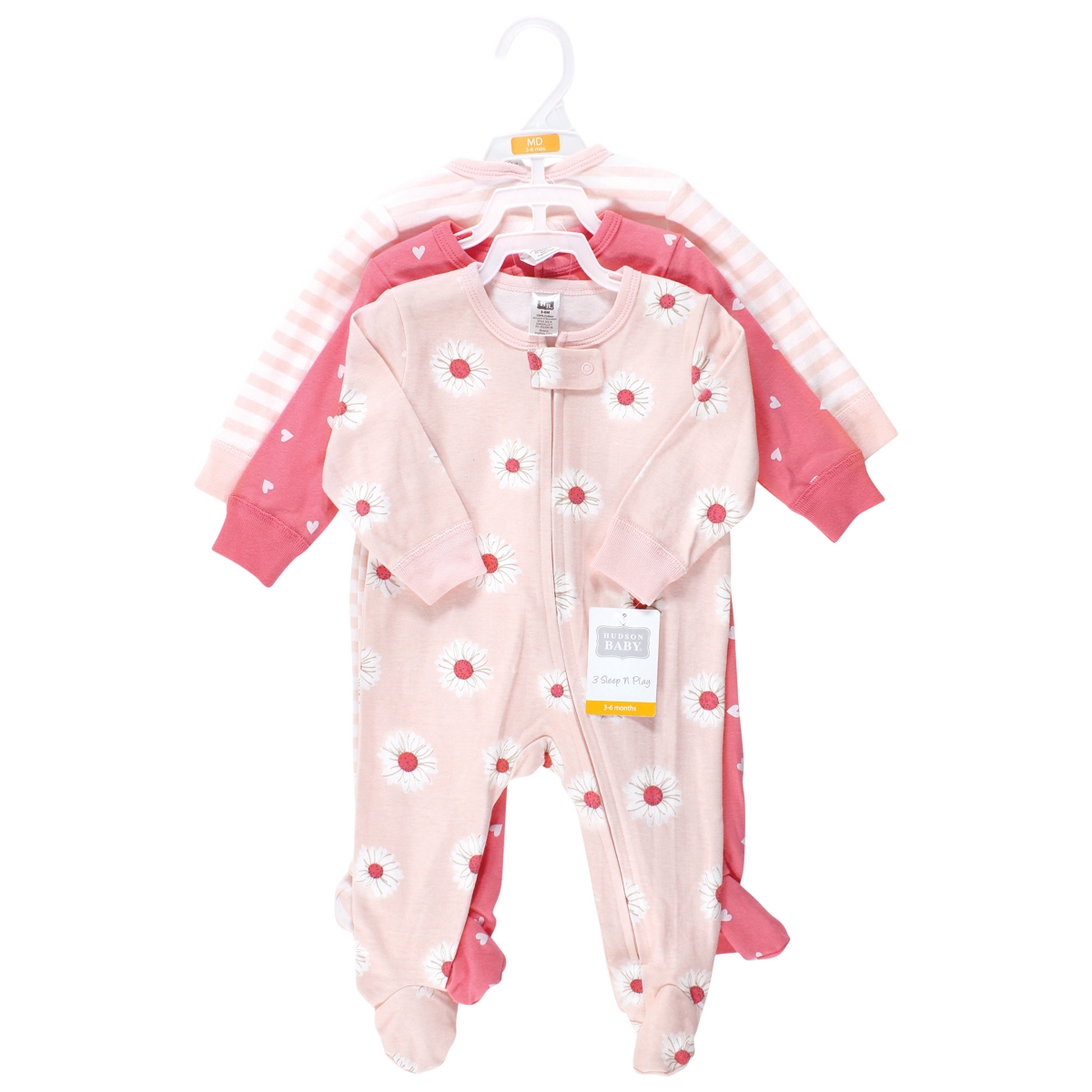 Hudson Baby Baby Girls Cotton Sleep and Play, 0-3 Months - Pink daisy heart