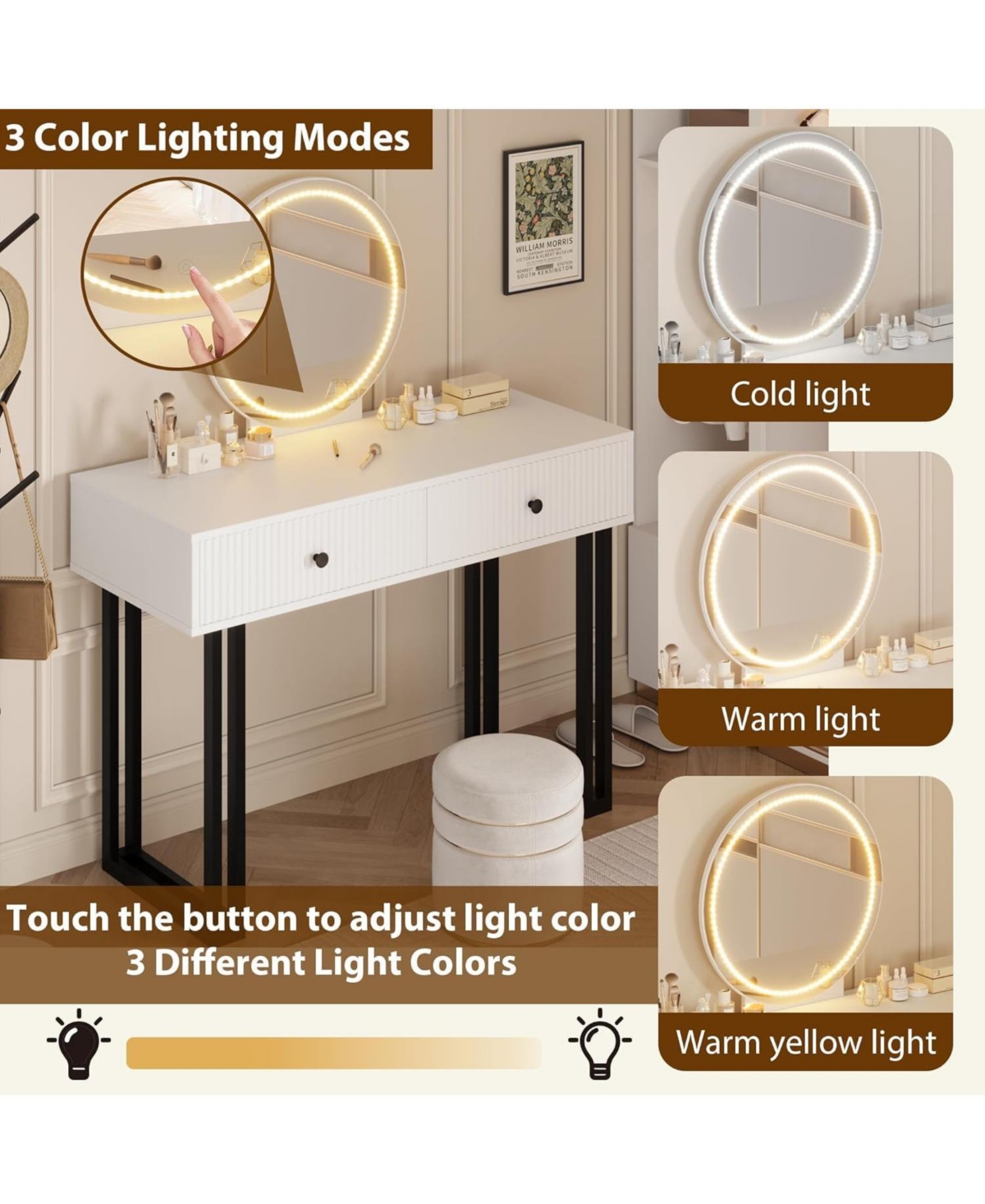gaomon Vanity Desk with Mirror and Lights, 40” Makeup Vanity with 3 Color Lights and Adjustable Brightness
