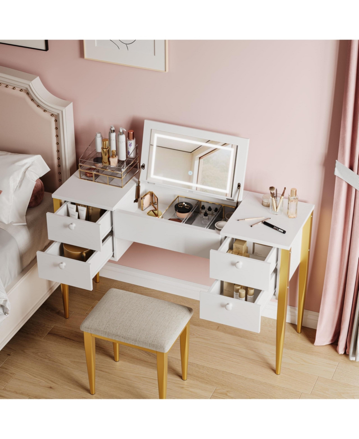 gaomon Makeup Vanity Desk with Flip Top Mirror and Lights, 47“ 3 in 1 Vanity Table with 5 Drawers, 3 Lighting Mode