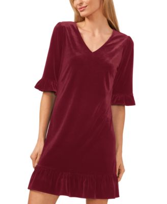 Women's Velvet 3/4-Sleeve Ruffle Trim Shift Dress