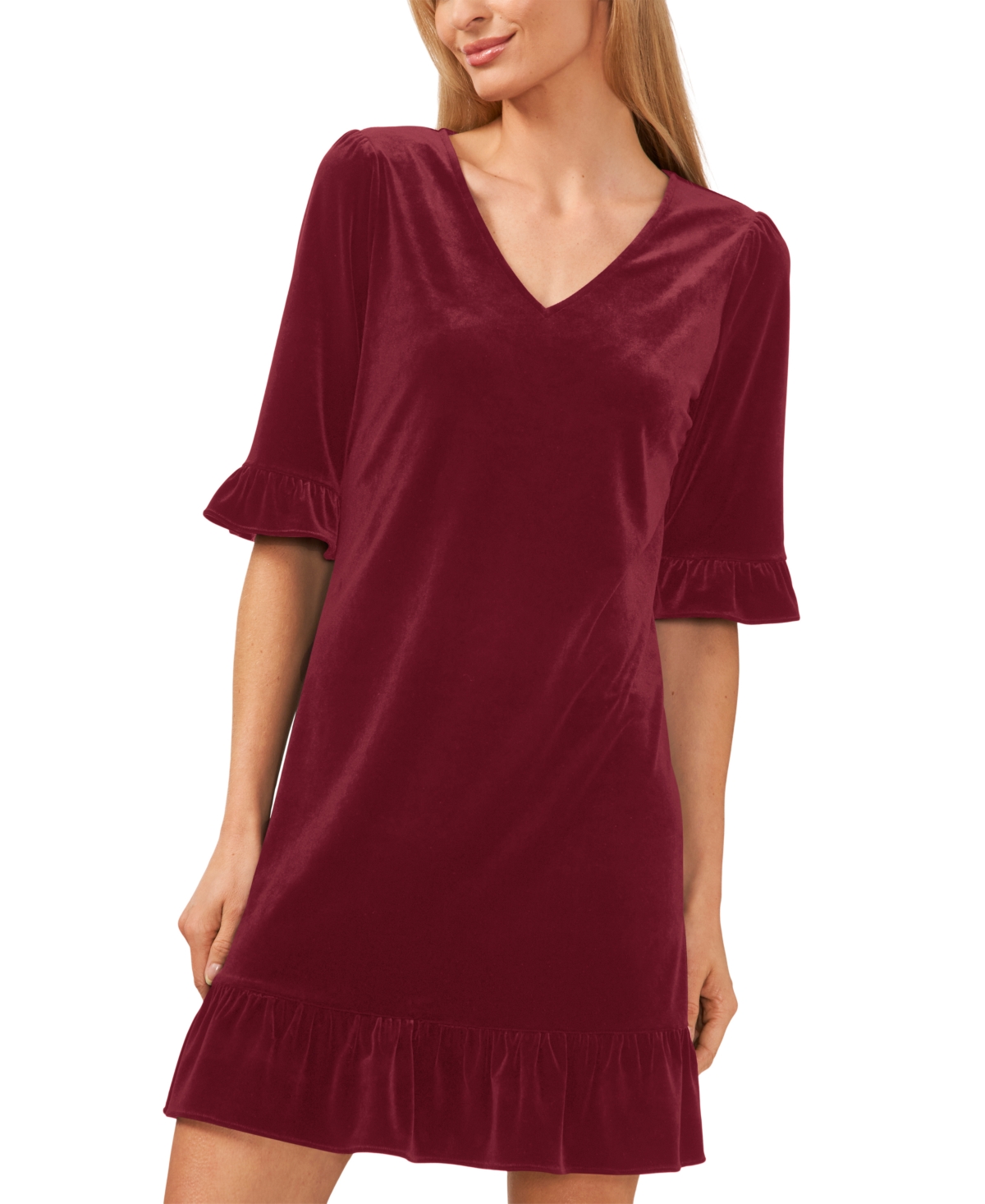 Shop Cece Women's Velvet 3/4-sleeve Ruffle Trim Shift Dress In Majestic Wine