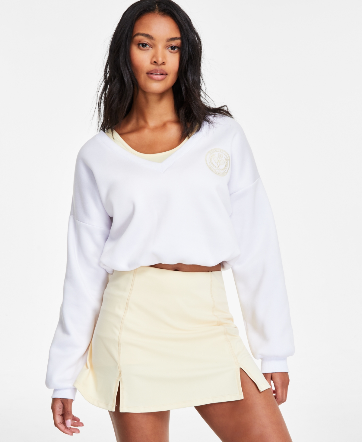 Madden Girl Juniors' Sporty Fleece Twofer Bubble Hem Sweatshirt In Banana Crepe
