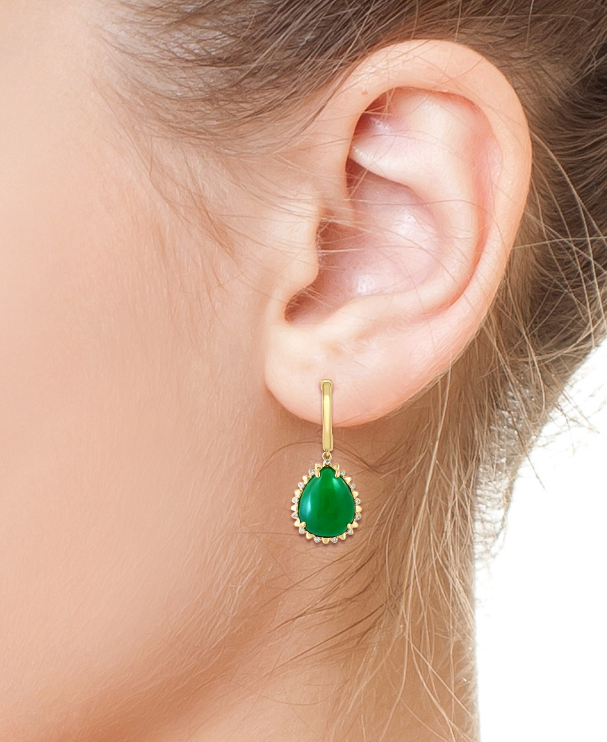 EFFY COLLECTION EFFY PEAR-SHAPE DYED JADE & DIAMOND (1/10 CT. T.W.) CHARM HOOP EARRINGS IN 14K YELLOW GOLD 