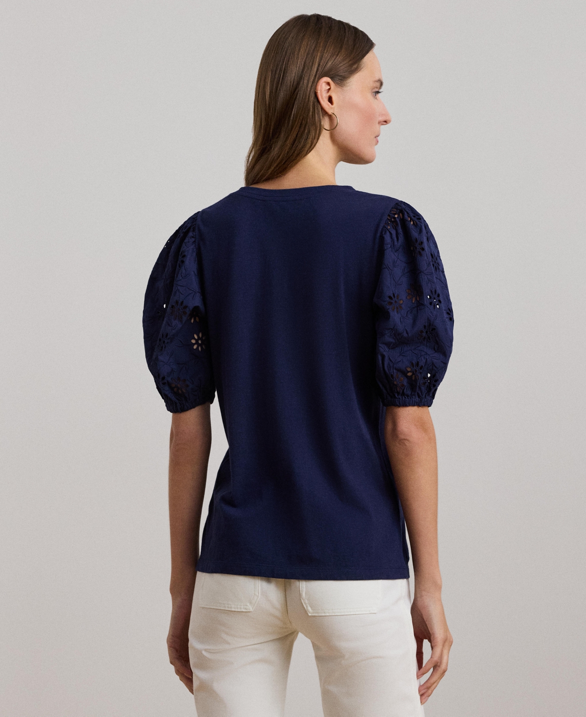 Lauren Ralph Lauren Women's Eyelet Jersey Puff-Sleeve Tee