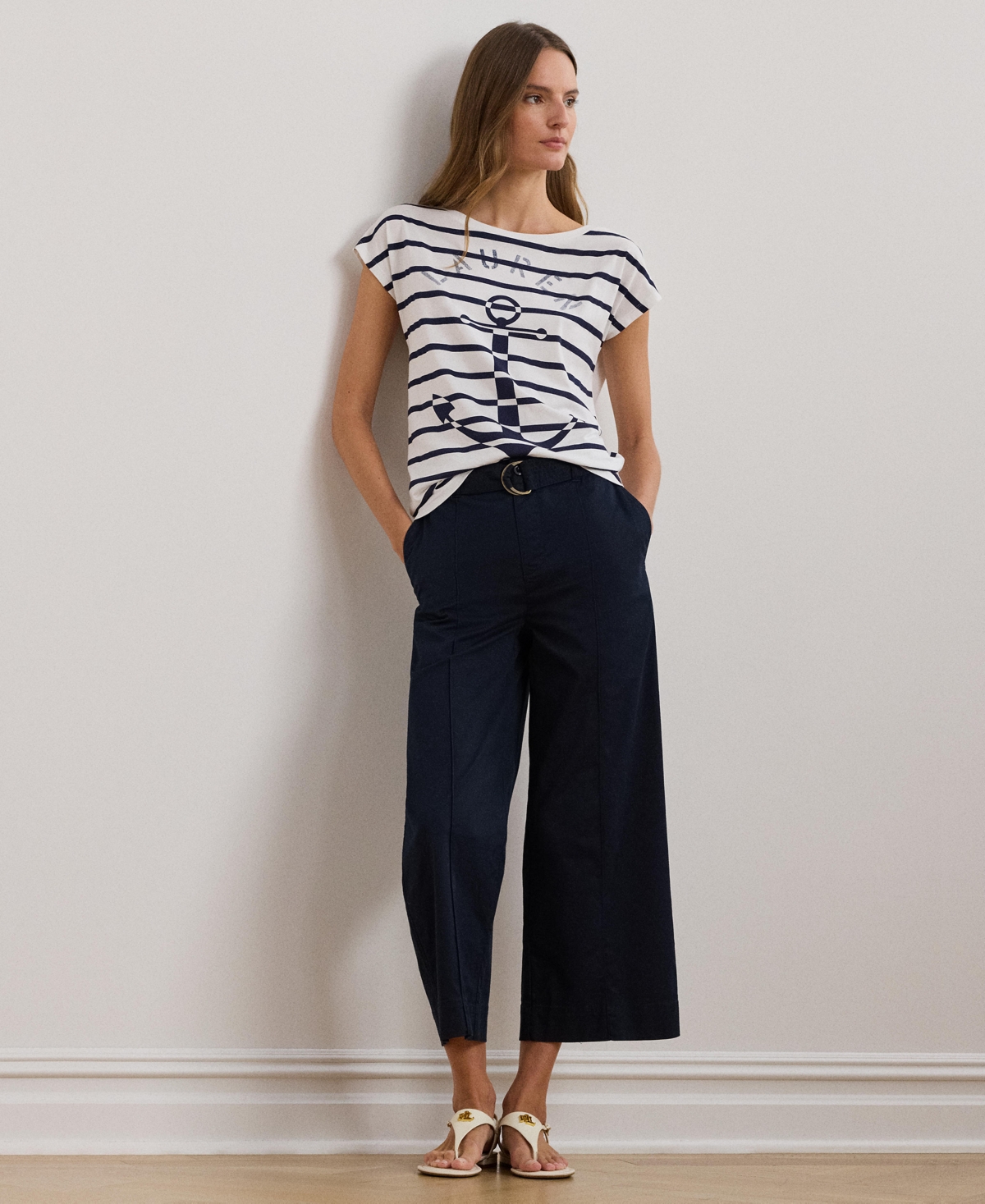 Lauren Ralph Lauren Women's Striped Anchor-Graphic Jersey Tee -Refined Navy