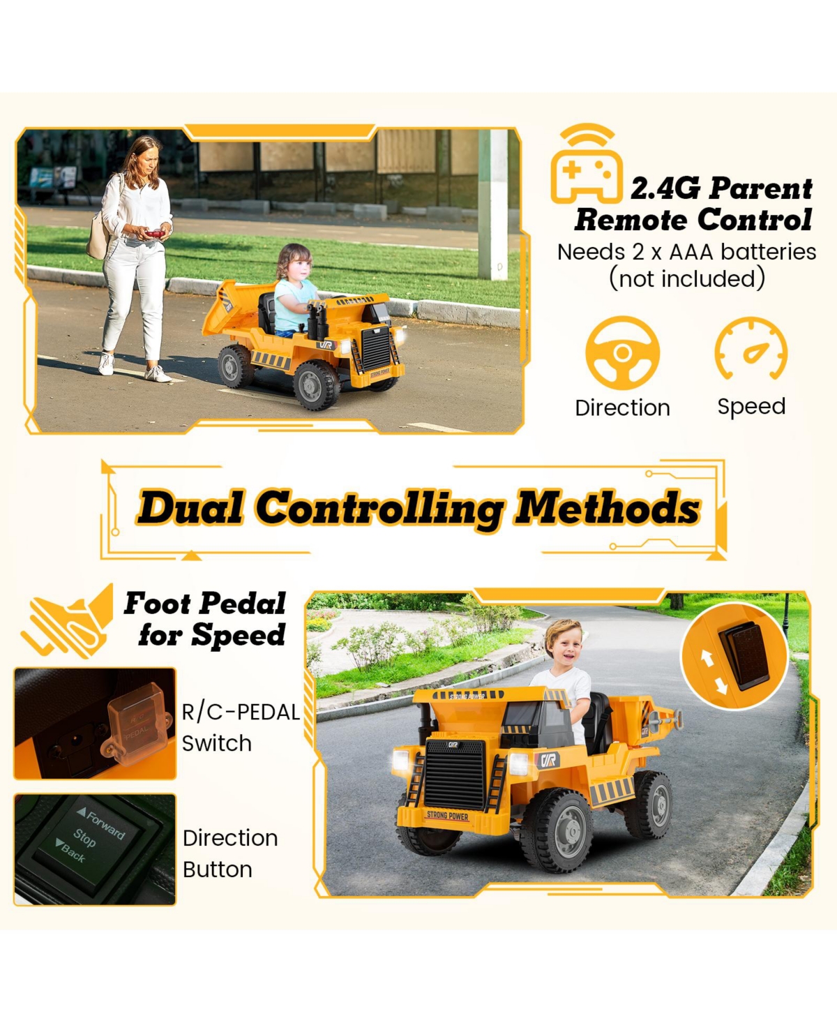 Hongge Kids Ride on Dump Truck 12V Ride on Car with Electric Dump Bed- Yellow
