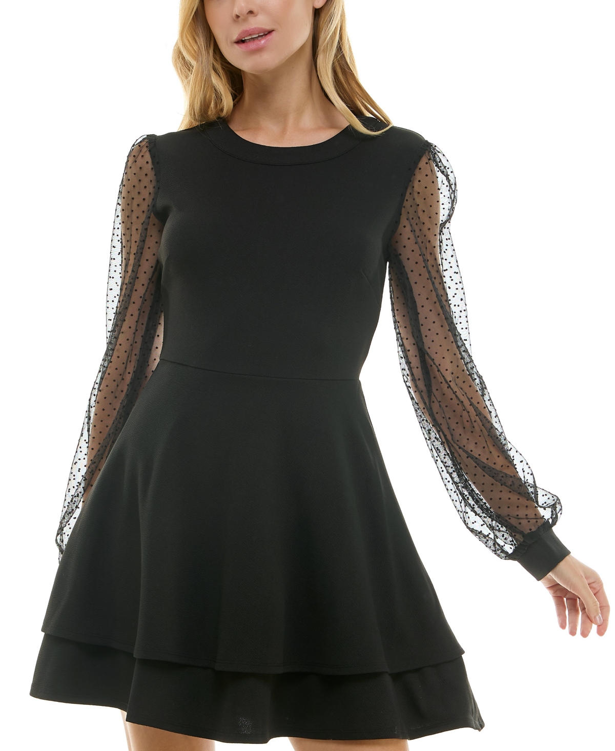 Juniors' Dotted-Sleeve Fit & Flare Dress - Black