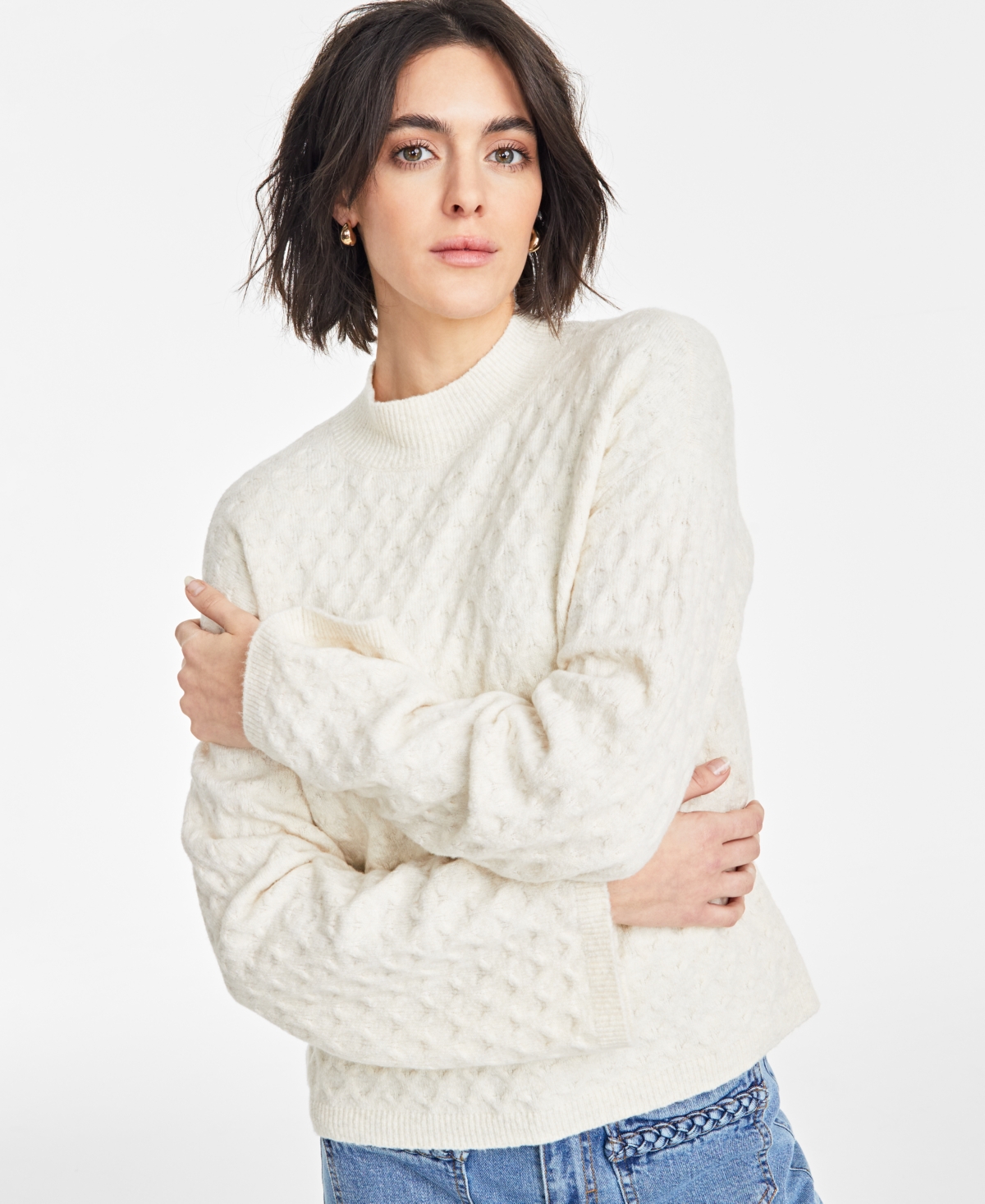 On 34th Women's Textured Mock-neck Sweater, Exclusively At Macy's In Natural Oat