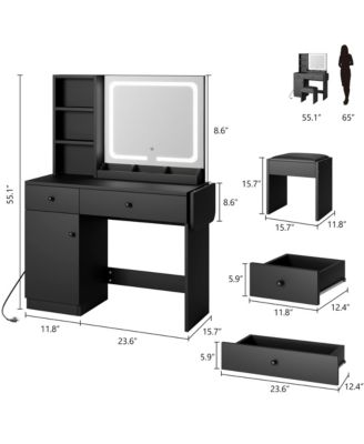 Black Vanity Desk with LED Lighted Mirror & Power Outlet, Makeup Vanity with Drawers & Cabinet & Chair
