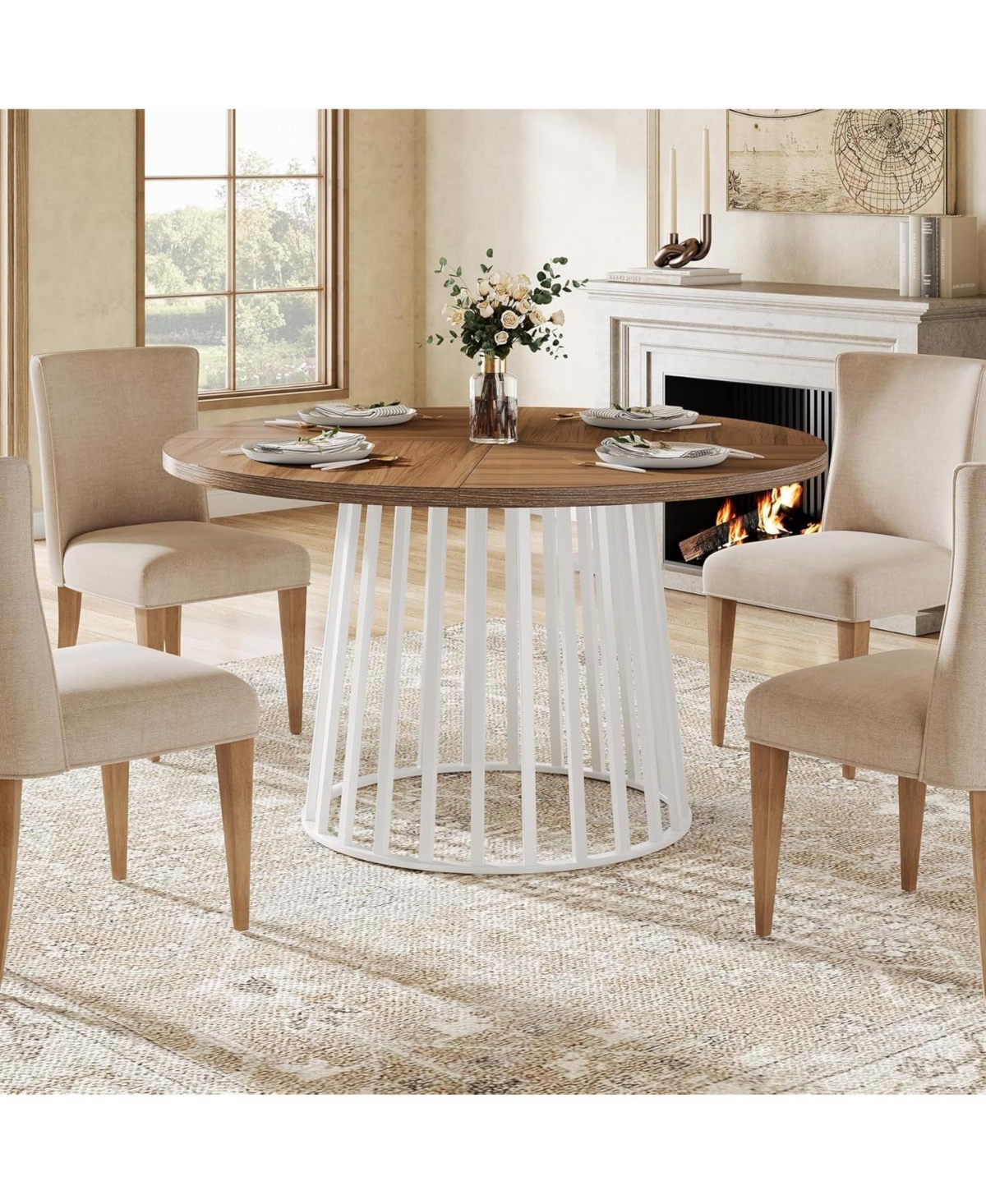 Tribesigns Round Dining Table for 4-6 People, Farmhouse Dinning Room Table Circle Kitchen Table with White Metal Base, Industrial Dinner Table for
