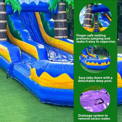 19  Tall Surf Beach Inflatable Single Lane Water Slide with Detachable Pool, Commercial Grade, Tall Seating Height, PVC Vinyl, Outdoor Backyard, Summer Fun, Blow Up, Water Park, (Blower Included)