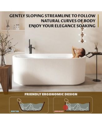 67" Acrylic Freestanding Bathtub, V-Shaped Soaking Tub with Pleated Design, Chrome Drain, Slotted Overflow, CUPC Certified