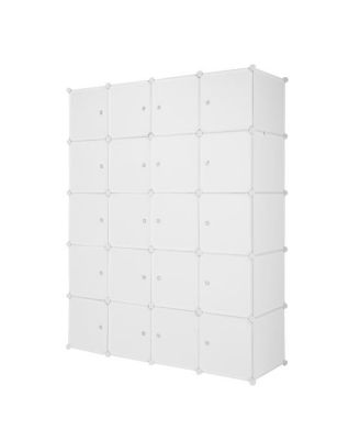 20-Cube Stackable Plastic Organizer Shelves, Multifunctional Modular Closet Cabinet with Hanging Rod in White