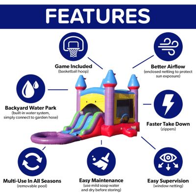 HeroKiddo Jelly Bean Castle Commercial Grade Bounce House Water Slide with Splash Pool (with Blower), Kids and Adults, Basketball Hoop, Wet Dry Combo, Inflatable, Outdoor Indoor, Birthday Party