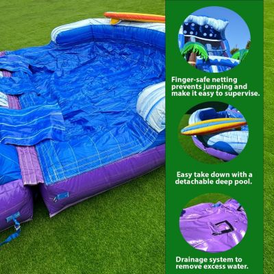 17  Surf Beach Tall Inflatable Water Slide with Splash Pool and Dual Lane, Tall Seating Height, Commercial Grade, Outdoor Backyard, Summer Fun, Wet Dry, Blow Up, Water Park, (with Blower)