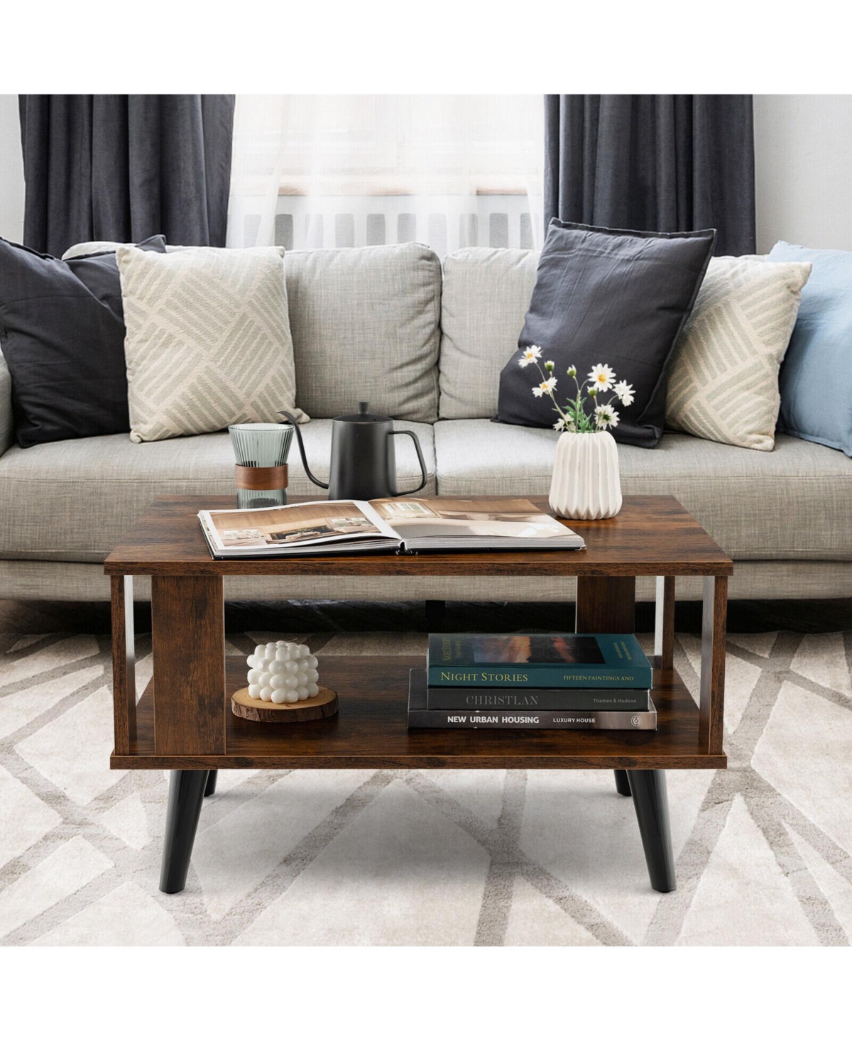 Sugift Compact Retro Mid-Century Coffee Table with Storage Open Shelf