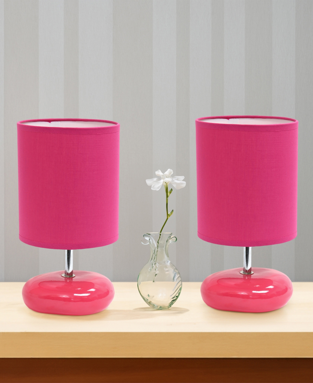 Creekwood Home 10.24" Traditional Mini Round Rock Table Lamp 2 Pack Set In Fuchsia,pink