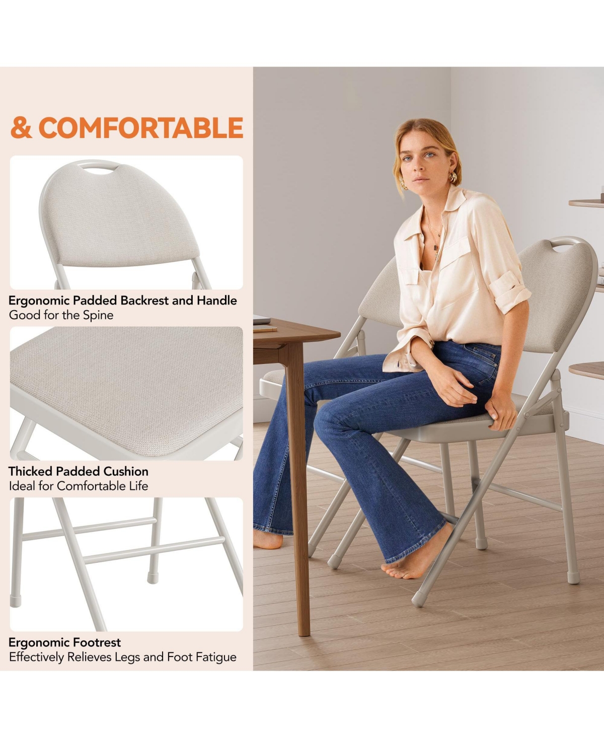 gaomon Folding Chairs 2 Pack, Metal Foldable Chair with Cushion and Non-Slip Feet Pads, Linen Party Chairs -khaki