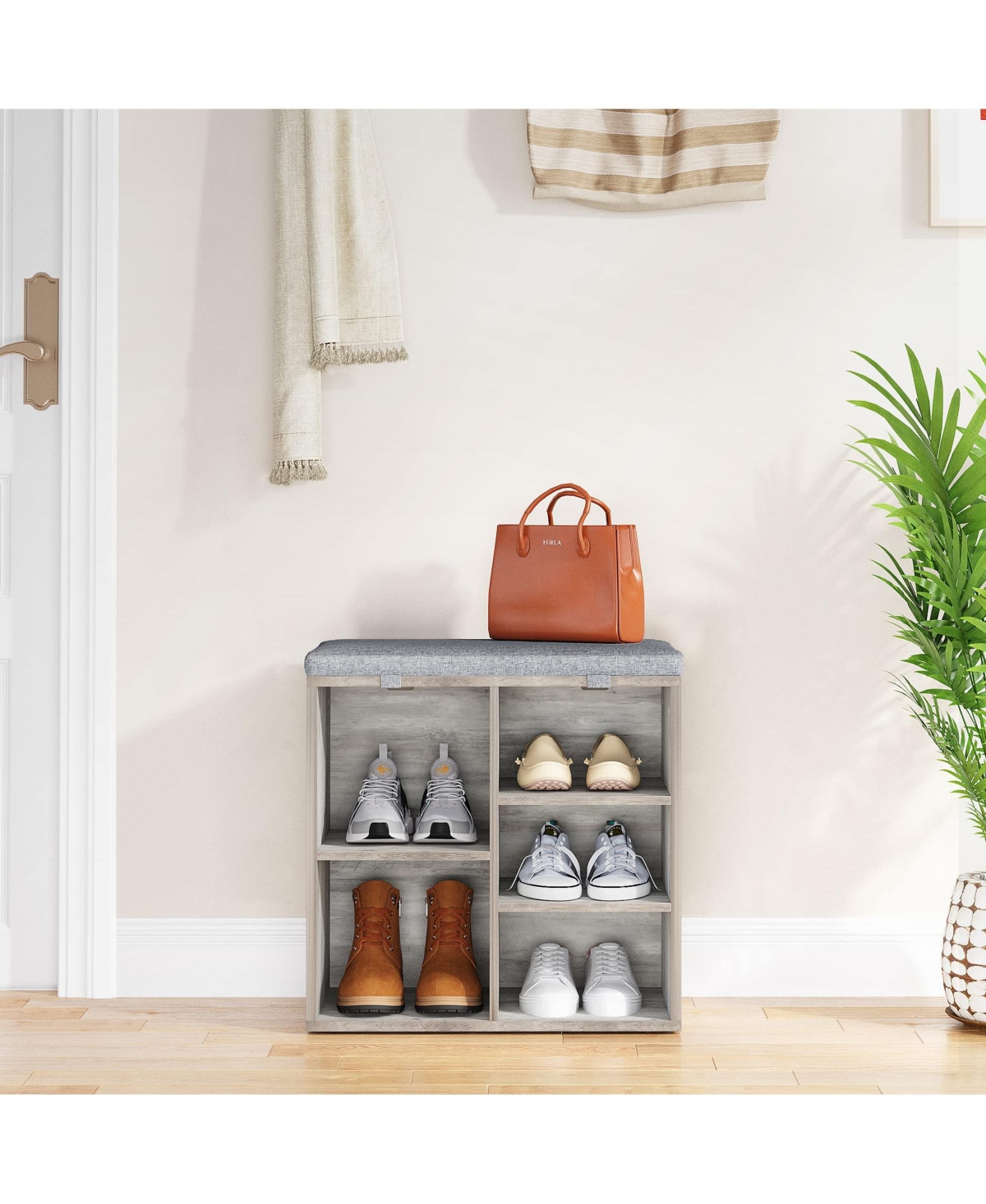gaomon Inches Shoe Bench with Cushion, Shoe Rack Bench, Ten Cubbies Storage Entryway Bench with Adjustable Shelves