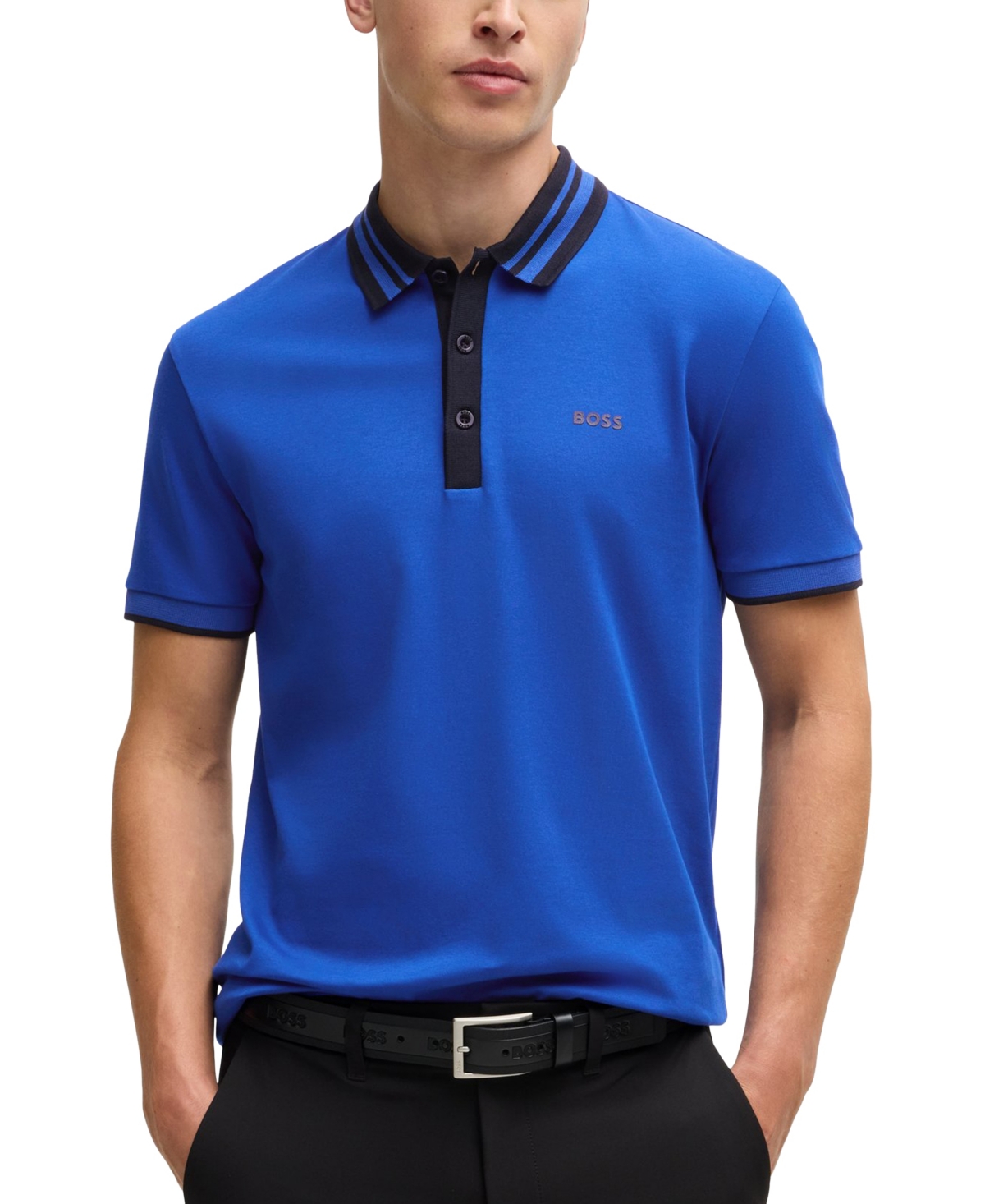 Shop Hugo Boss Boss By  Men's Slim-fit Striped-collar Polo In Open Blue