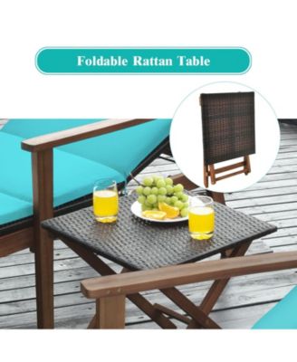 3 Pieces Portable Patio Cushioned Rattan Lounge Chair Set with Folding Table