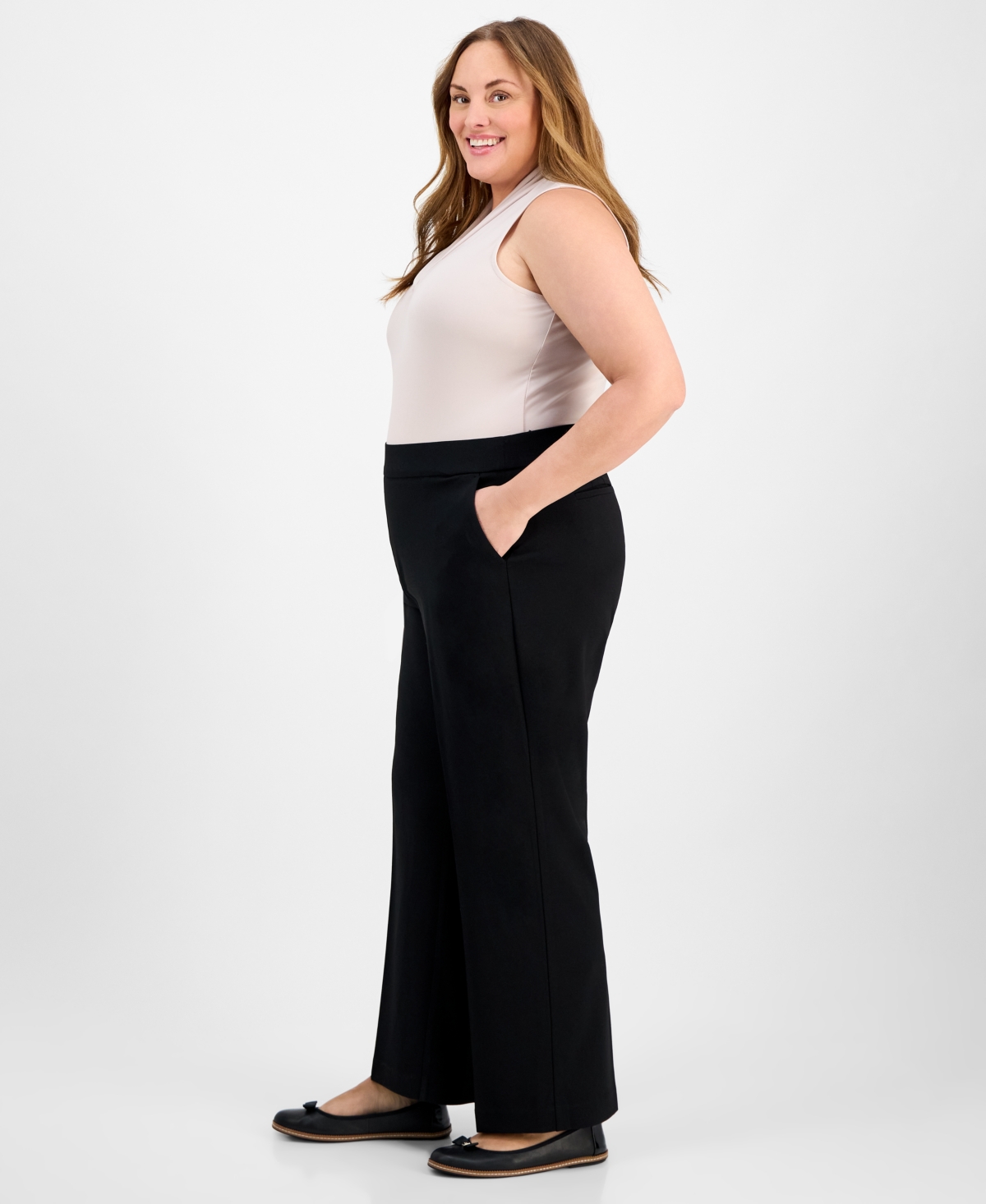 Ak Anne Klein Petite Solid Wide-leg Pull-on Knit Pants In Anne Black