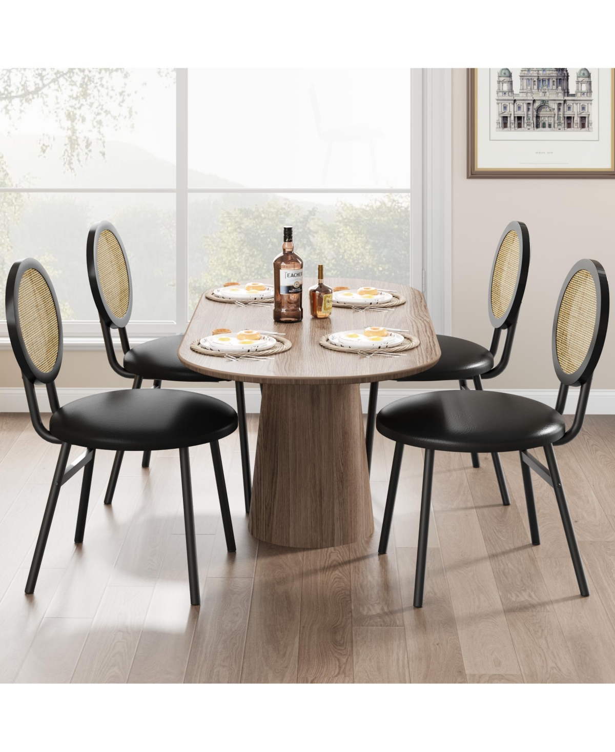 Gaomon Dining Chairs Set of 4, Rattan Kitchen Chairs with Thicken Upholstered, Modern Dining Room Chairs Set of 4,Black