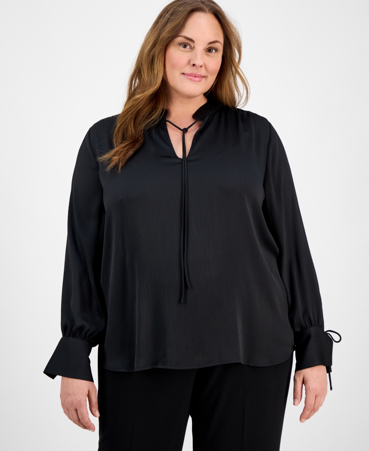 Shop Anne Klein Plus Size Tie-neck Stand-collar Blouse In Anne Black