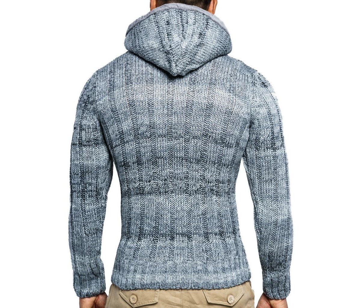 Leif Nelson Men's Knit Zip-up Jacket With Geometric Patterns and Leather Accents