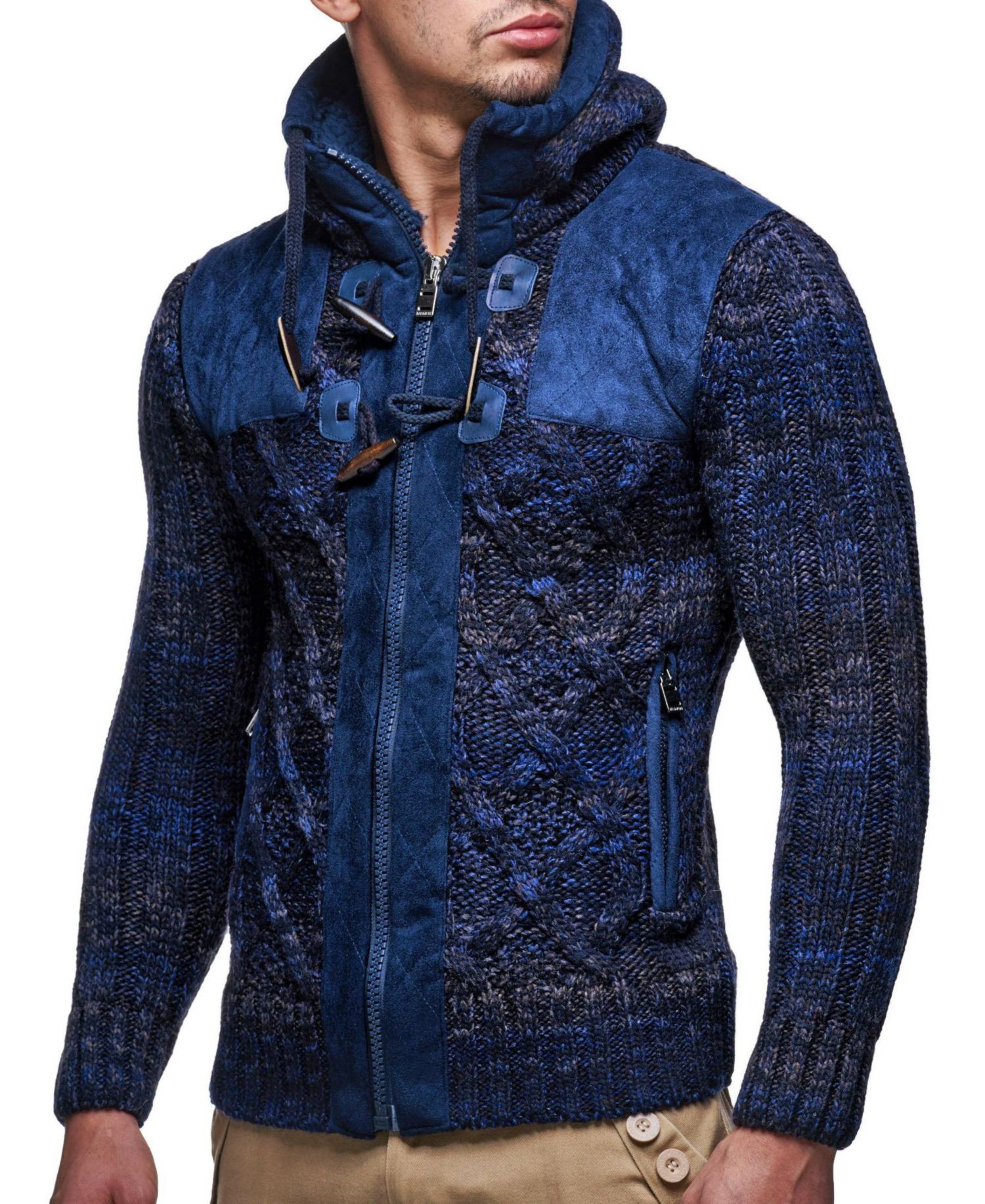 Men's Knit Zip-up Jacket With Geometric Patterns and Leather Accents