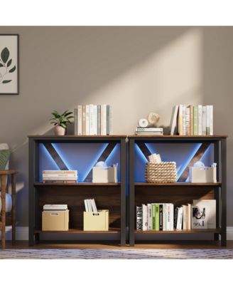 3 Tier Bookshelf with LED Lights, Bookcase with Open Display Shelves, Wood and Metal Standing Bookshelf