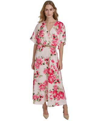 Halston - Women's Satin Floral-Print Belted Dress