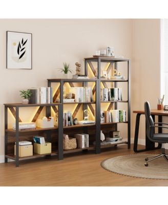 3 Tier Bookshelf with LED Lights, Bookcase with Open Display Shelves, Wood and Metal Standing Bookshelf