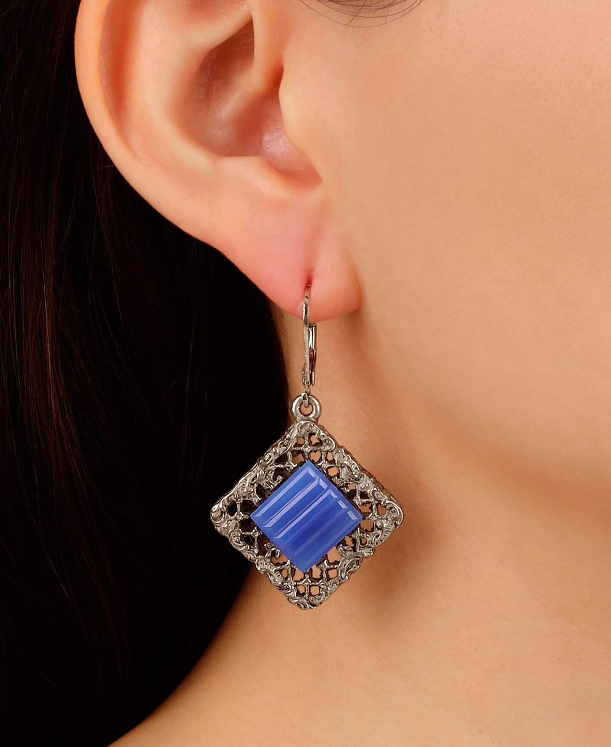 2028 Glass Rectangle Filigree Drop Earrings In Blue