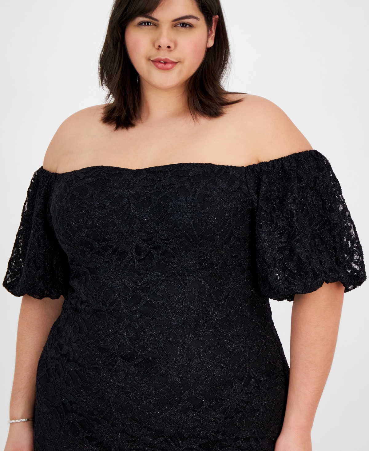 Emerald Sundae Plus Size Off-the-shoulder Lace Gown In Black