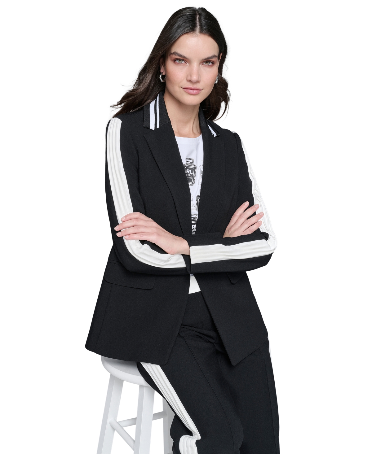 Karl Lagerfeld Paris Petite Striped Pleated-Sleeve Jacket