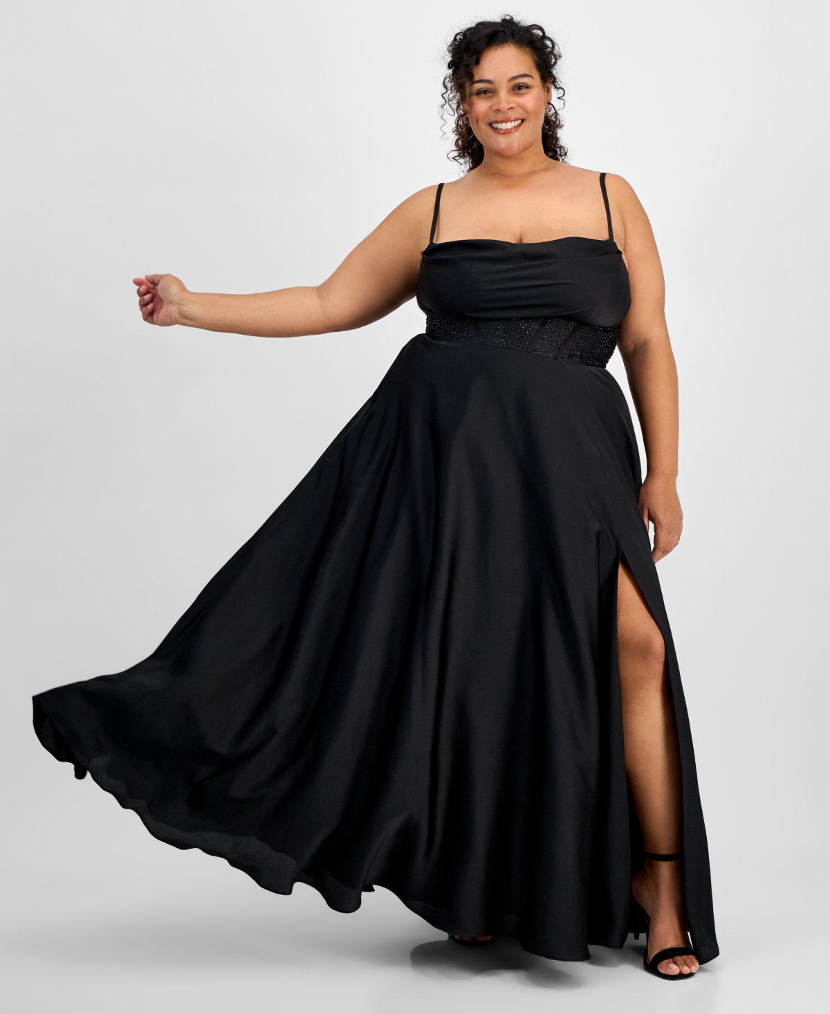Trendy Plus Size High-Slit A-Line Satin Gown, Created for Macy's - Black