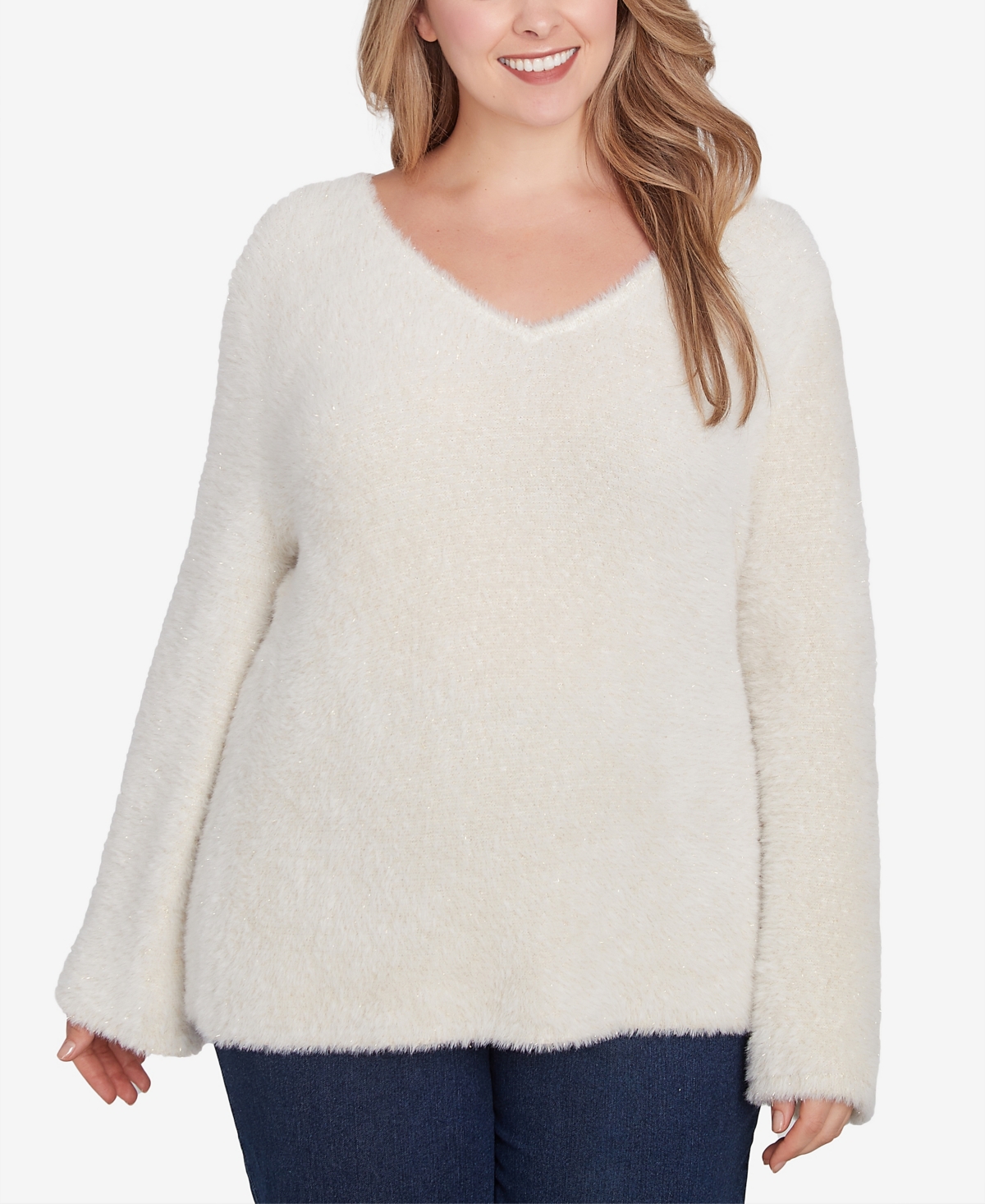Plus Size Red-y To Shine Eyelash V-Neck Sweater - Vanilla Multi