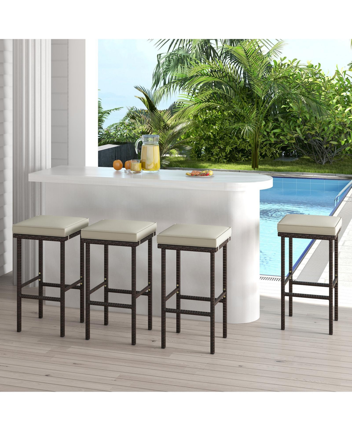 Skonyon Patio Wicker Bar Stools Set of 2 with Seat Cushions and Footrest