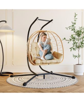 Outdoor 2-Person Hanging Wicker Double Egg Porch Swing Chair with Stand and Beige Cushion